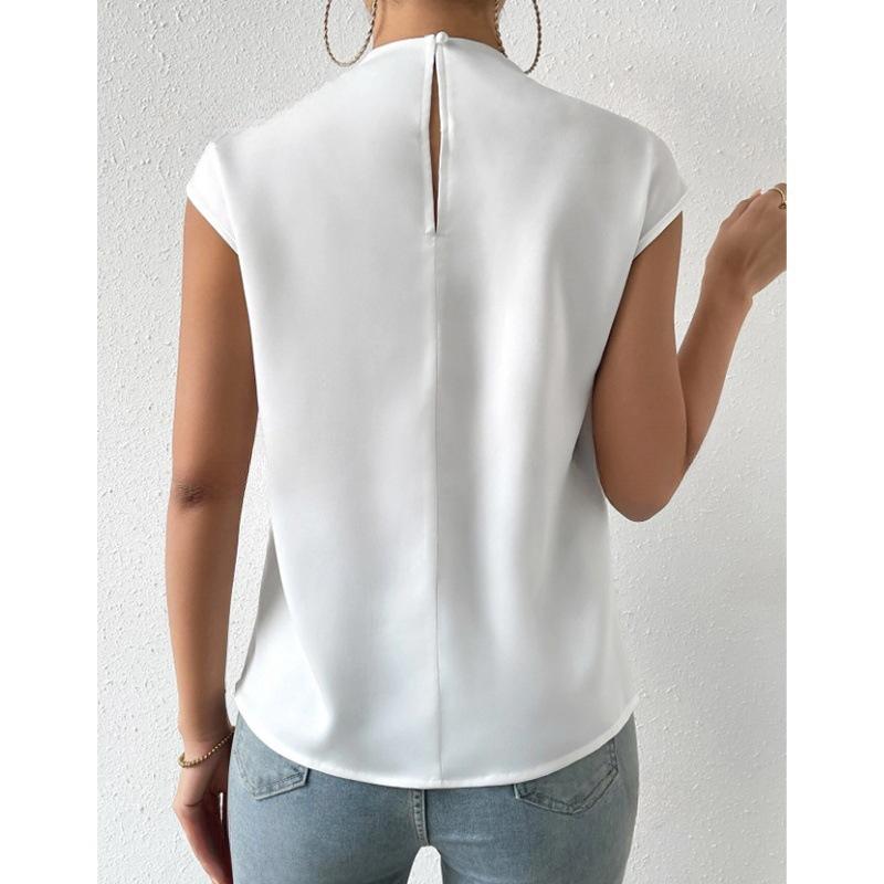 Модные свободные повседневные рубашки без рукавов для женщин, летние топы, элегантные однотонные свободные женские блузки с воротником-стойкой, простые облегающие офисные женские рубашки 26395