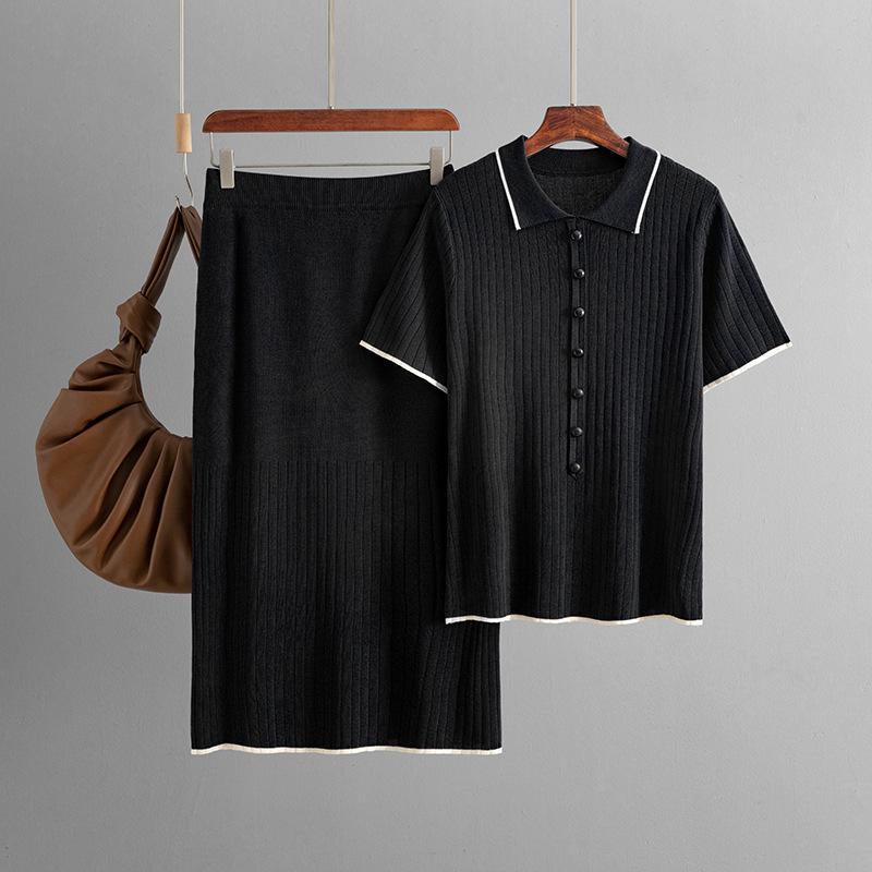 Женский новый летний костюм из двух частей с воротником-поло и трикотажной юбкой