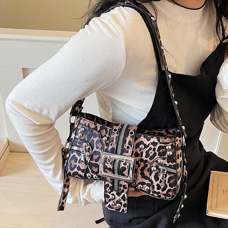 Fashion Rivet Punk Style Women's Pu Shoulder Bags Retro Leopard Ladies Underarm Bag High-End Belt Design Cool Girls Handbags