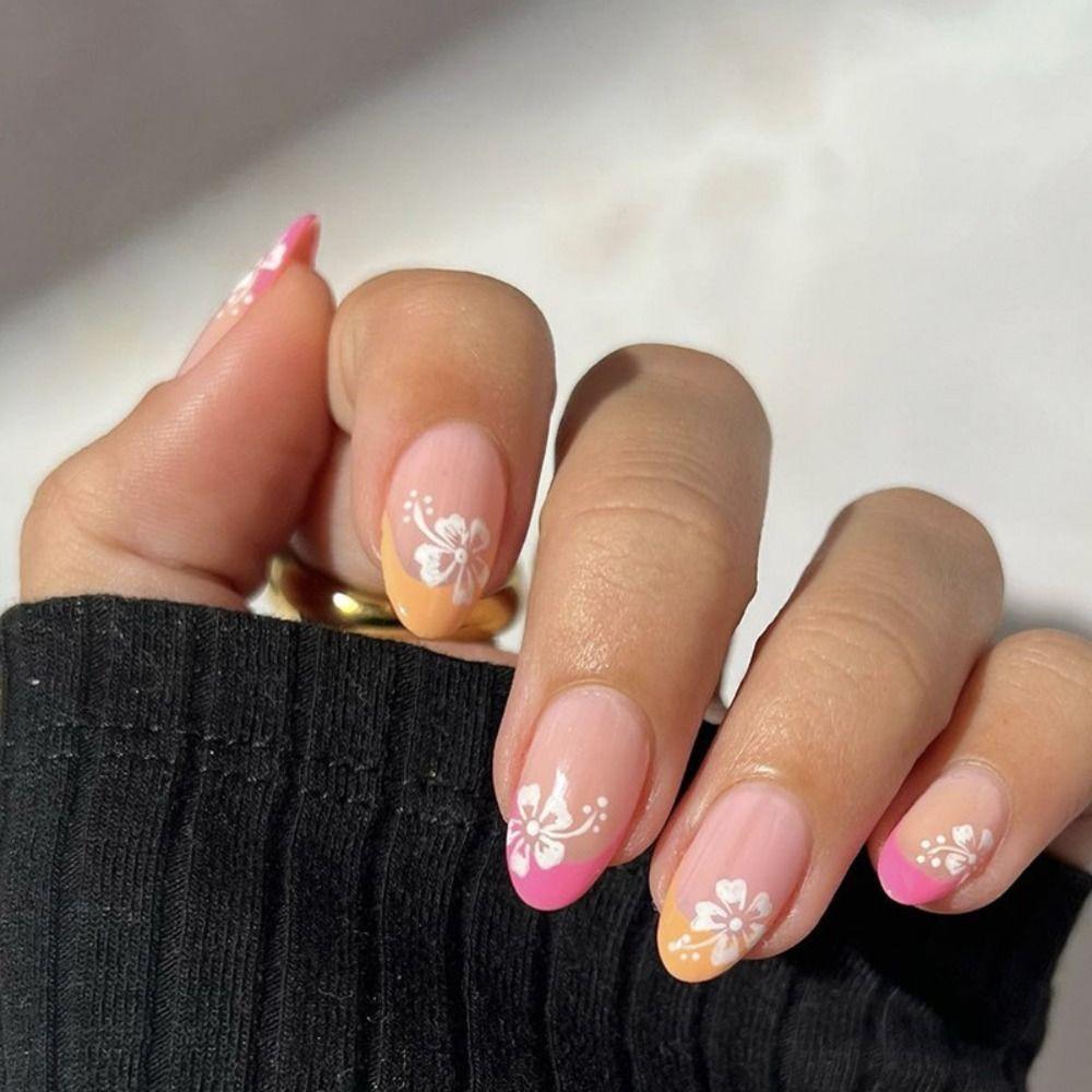Long Almond Fake Nials Flowers Press On Nails Manicure Nail Tips Women