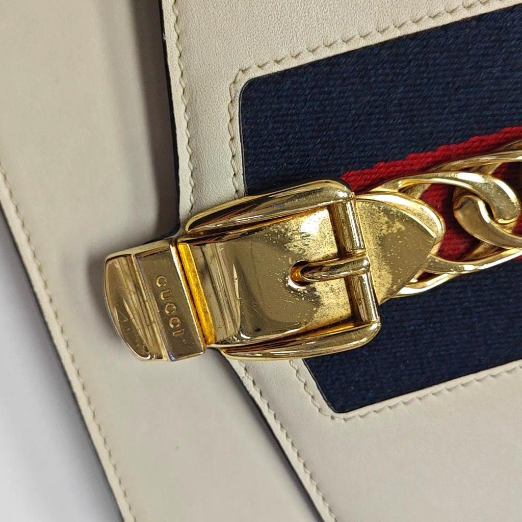 [Pre-Owned] Sylvie Gold Buckle Striped Web Chain Leather Mini Square Crossbody Bag - Good #1SWTDCR