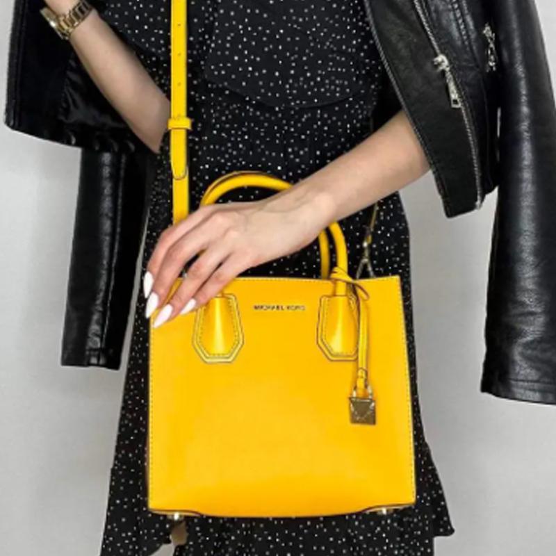 Michael Kors MK Mercer Lock Однотонная Французская Кожаная Сумка-Гармошка Женские Сумки Лимонно-Желтая 30S0GM9M6L-SUN