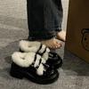 Маленькие кожаные туфли для женщин2025 Новая зимняя мода Флисовые теплые французские туфли на высоком каблуке для женщин,Лоферы на толстой подошве для женщин