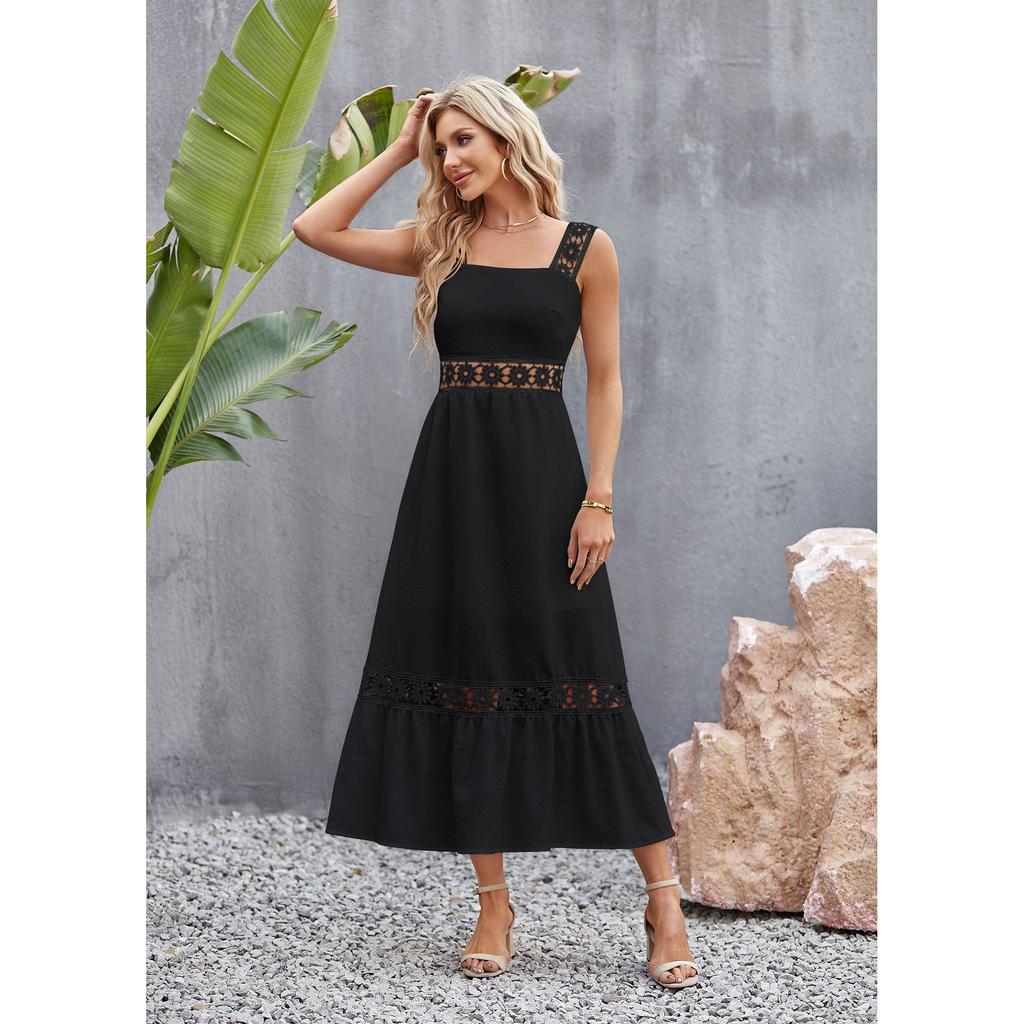 Женское весенне-летнее модное однотонное пляжное праздничное платье без рукавов с квадратным вырезом и бретельками из полого кружева