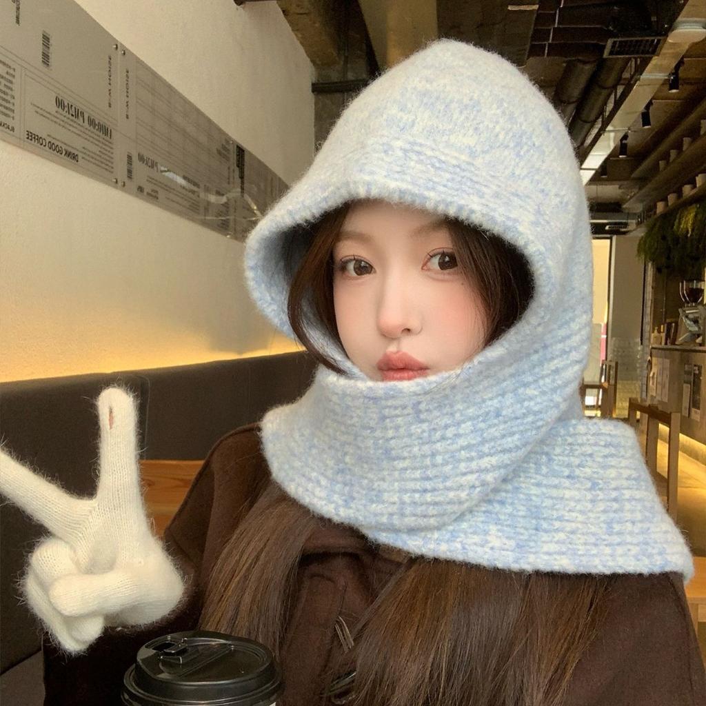 Gray Thickened Hat Scarf All In One Warm Knitted Hat Women's Autumn and Winter Ear Protection Balaclava Woolen Hat