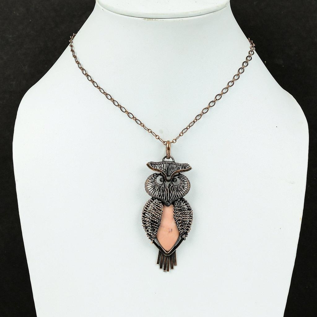 Подвеска с розовым опалом, подвеска из медной проволоки, ювелирное изделие ручной работы, подвеска в виде совы, подвеска с драгоценным камнем, ювелирное изделие из меди, изящная подвеска, подарки на годовщину
