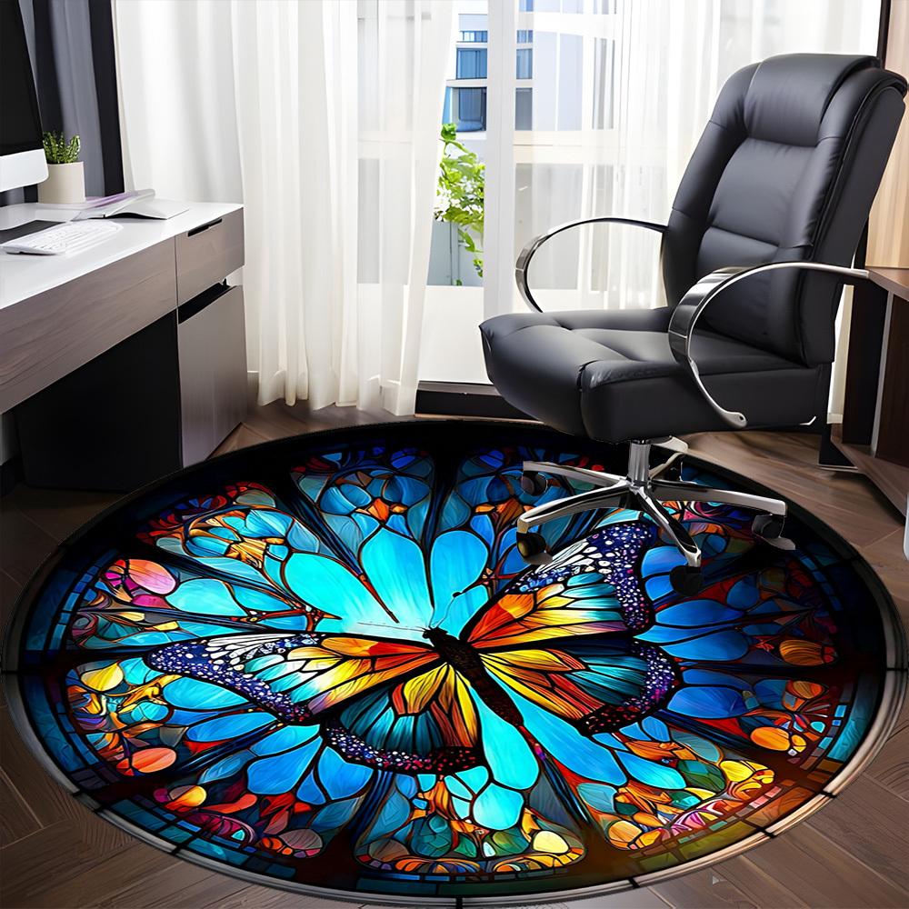 1PC Butterfly StainedGlass Office Round Area Rug, Mat Suitable ForOffice, Under Office Chairs Bedroom Living Room Home Decor, Room Deco