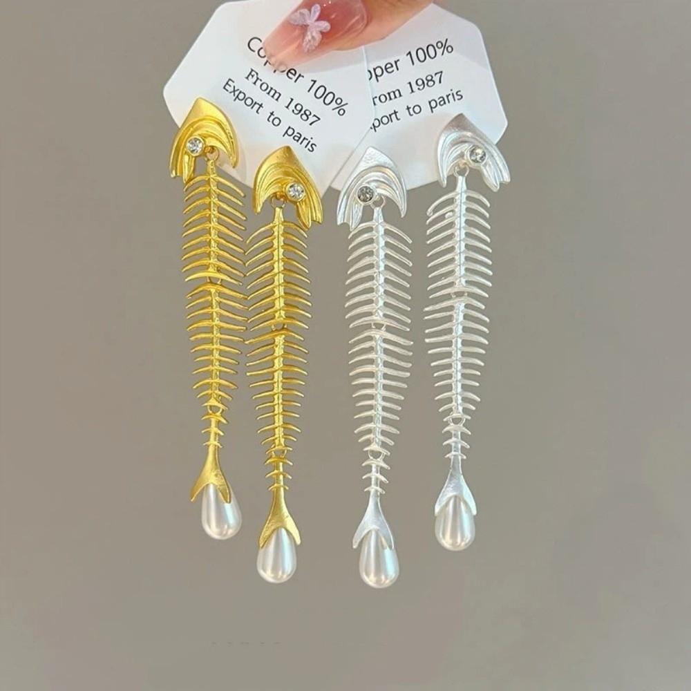 Punk Gothic Fish Bone Pearl Earrings Fishbone Shaped Drop Earrings Exaggerated Eardrop  Women