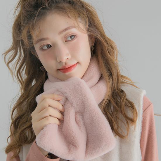 Women Winter Faux Rabbit Fur Cross Collar Solid Color Thickened Warm Scarf Plush Elegant Shawl Scarf Clothes Accessories