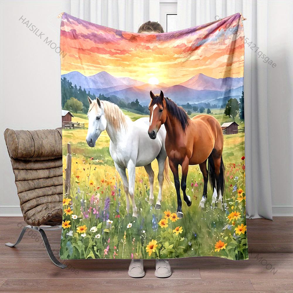 Multi-Sizes Two Horses At Sunset Print Blanket Warm Soft for Sofa Bed Home Travel Camping Blanket All Seasons Holiday Gifts