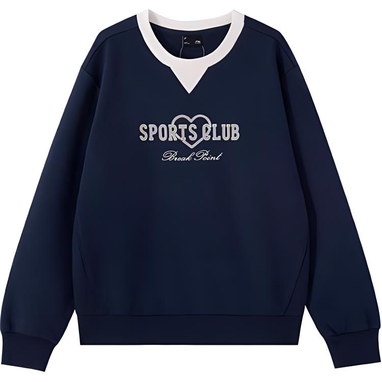 Li Ning Sports Trend Series Повседневный свободный теплый пуловер с круглым вырезом Женская толстовка Deep-Iris-Blue AWDU446-5