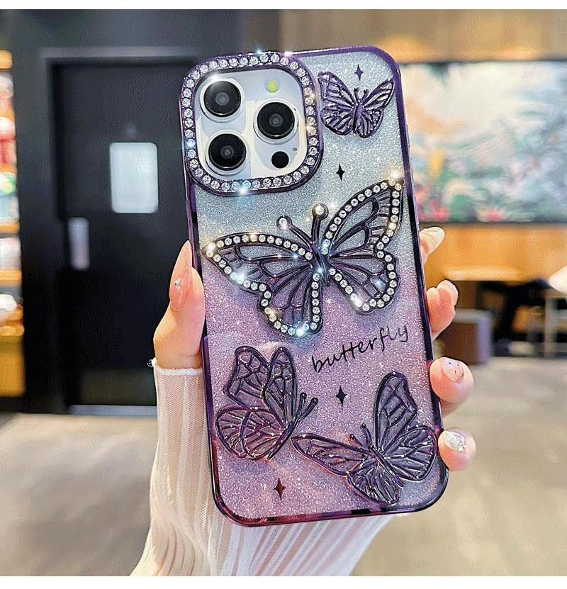 Women Girl'sTransparent Plating Soft Silicone Cover Diamond Butterfly Phone Case for iPhone 16 15 14 13 12 Pro Max
