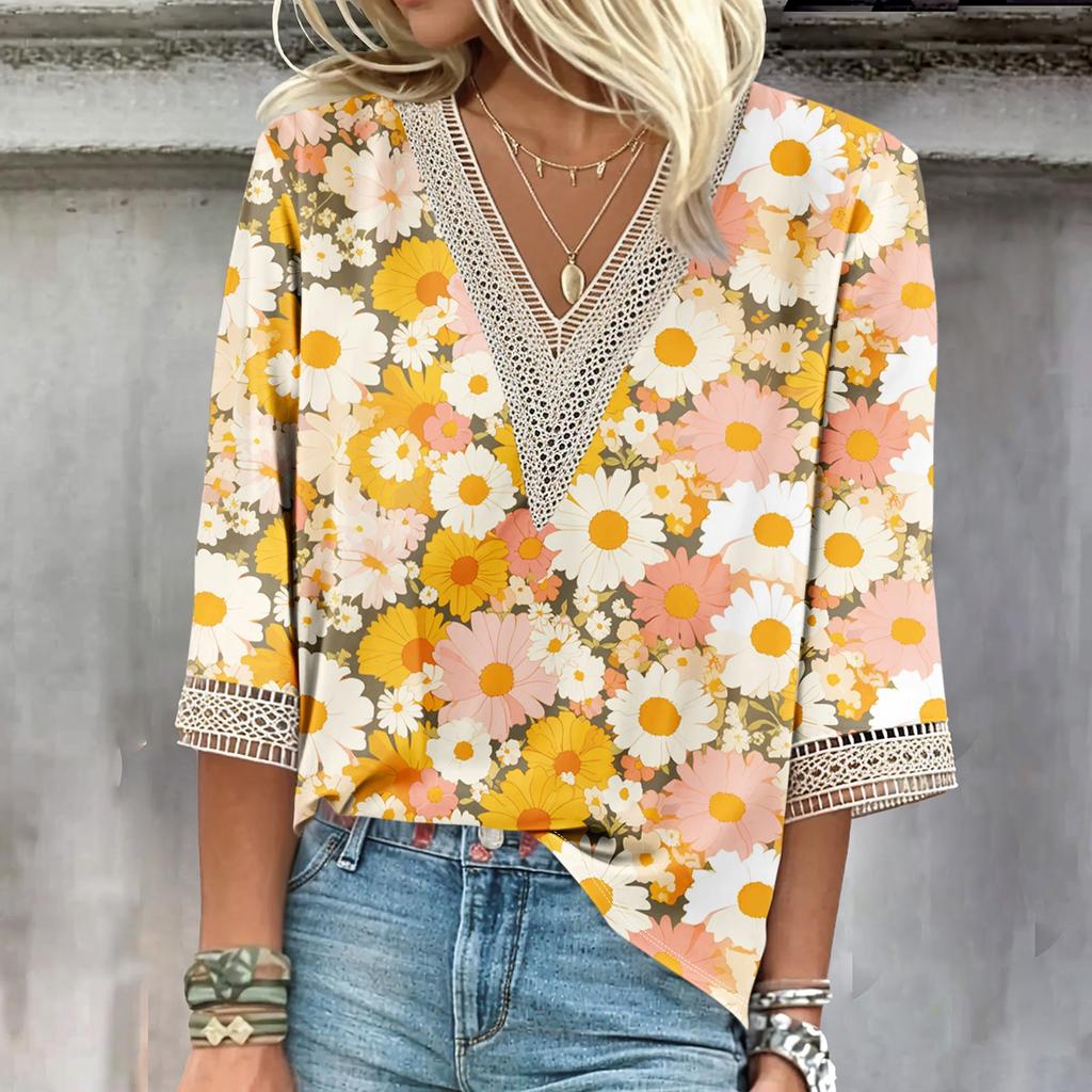 Women's Shirt Blouse Casual Loose Shirts 3/4 Sleeve Lace Print V Neck Tops Print Tops T-shirts Tee