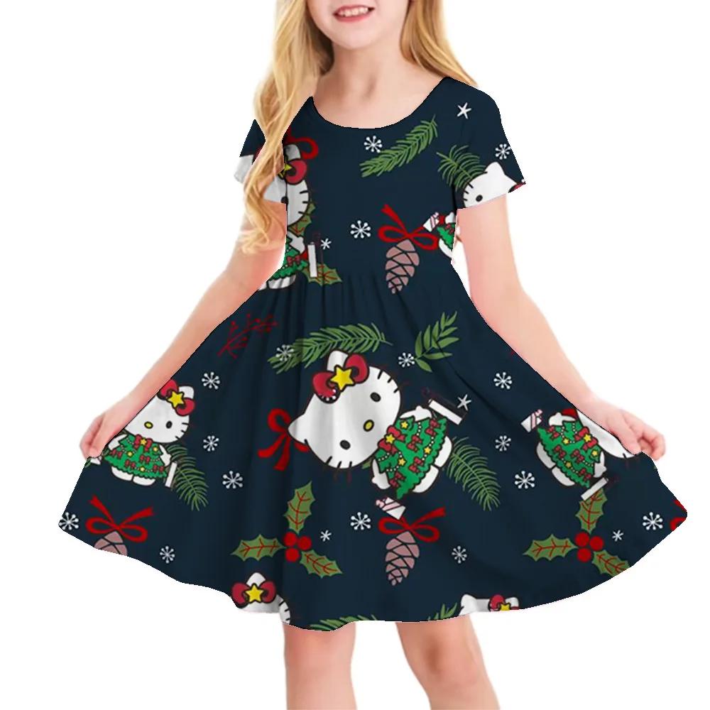 Sanrio Новое Летнее Платье для Девочек Модное Мультяшное Милое Киннаморолл и Хелло Китти Платье с 3D-печатью Детская Одежда с Коротким Рукавом Принцессы