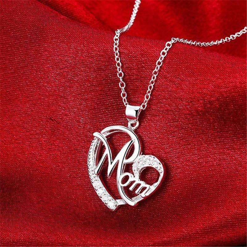 Mom Heart-shaped Pendant Diamond Letter Alloy Rhinestone Women Necklace Jewelry Mother Gift