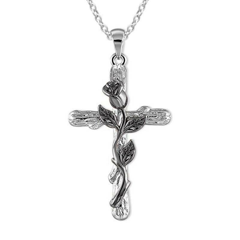 Rose Flower Cross Pendant Chain Necklace Jewelry Gift for Women Jewelry Gift