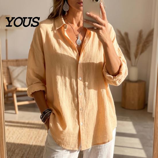 Casual Long Sleeve Tops Women Button Front Shirt, Turndown Collar Blouse, Relaxed Fit Solid Color Drop Shoulder Fall Top for Daily Wear