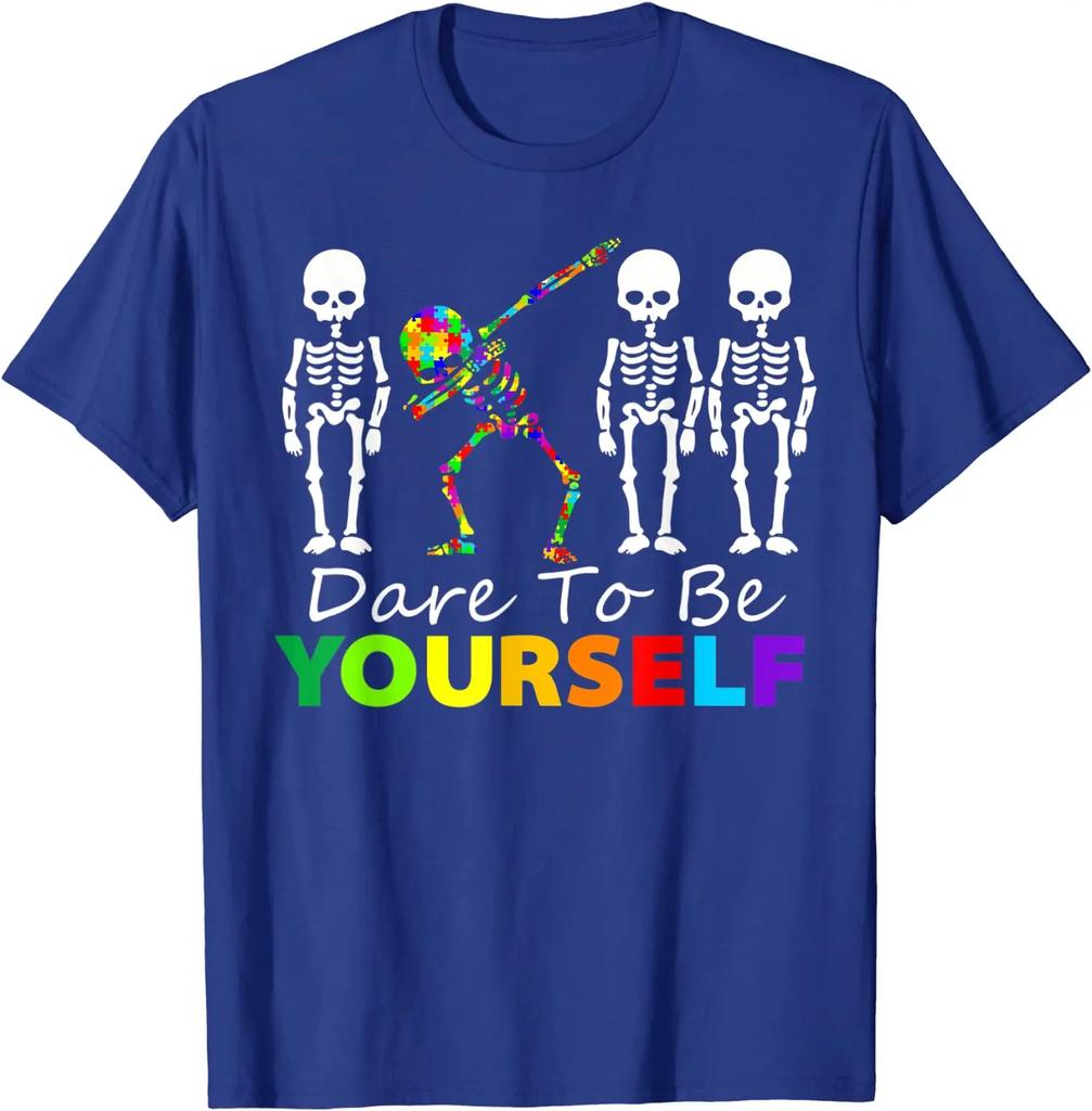 Skeleton Dabbing Dare To Be Yourself T Shirt Funny Autism T-Shirt NormalFitness Tight Tees Prevalent Cotton Top T-shirts
