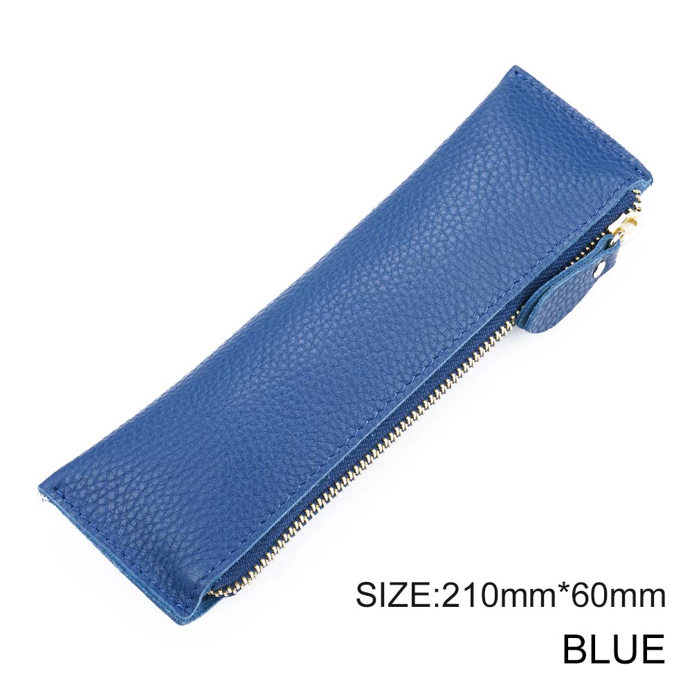 AIGUONIU Genuine Leather Zipper Pen Pencil Case Bag Litchi Embossed Creative School Stationery Lined with Soft Microfiber