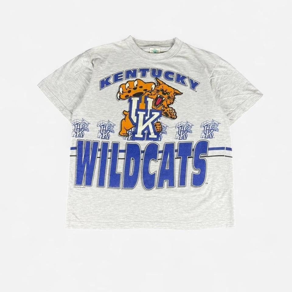 Винтажная серая футболка Kentucky Wildcats 90-х годов, размер XL. Размеры указаны на фото.