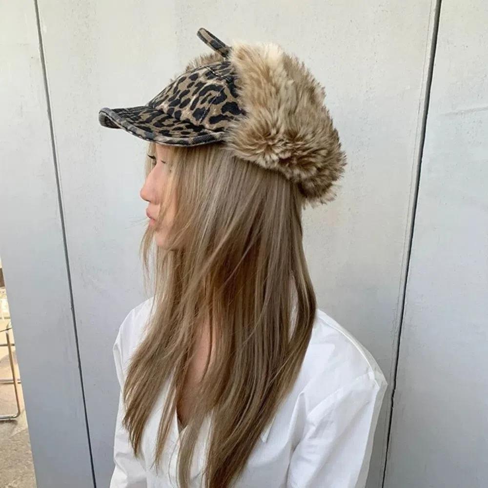 Leopard Print Peaked Cap Corduroy Bomber Hats Warm Plush Baseball Hat Women