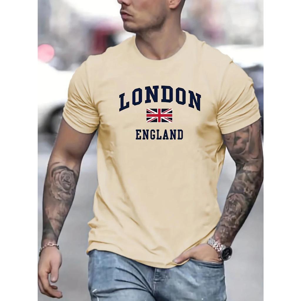 Summer Men's 100% Pure Cotton Casual Loose Fit Plus Size London England Pattern Printed Round Neck Short Sleeved T-shirts