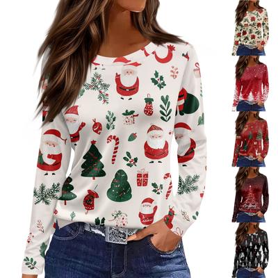 Женская модная повседневная футболка с разрезом по низу, круглым вырезом, длинными рукавами, свободного кроя, с рождественским принтом, женский топ