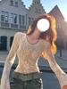 Женский романтичный французский белый кружевной топ с длинным рукавом - Легкий, с круглым вырезом, роскошная элегантность для осени и зимы.
