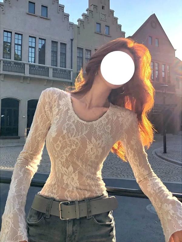 Женский романтичный французский белый кружевной топ с длинным рукавом - Легкий, с круглым вырезом, роскошная элегантность для осени и зимы.