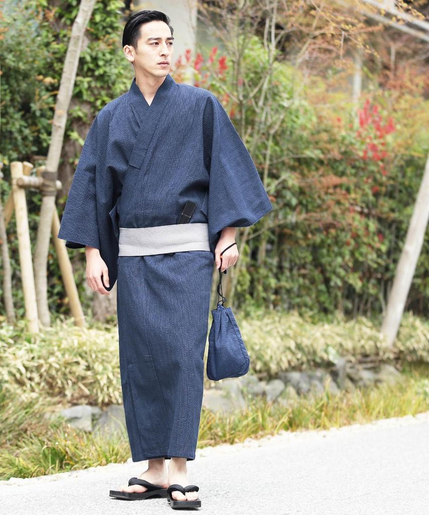 Yukata 6 Piece Set Shingen Waist L B Indigo Drizzle Easy To Yukata Summer Japanese Japanese [Rochelle] Men's (Yukata, Obi, Geta, Bag, Fan, Belt)