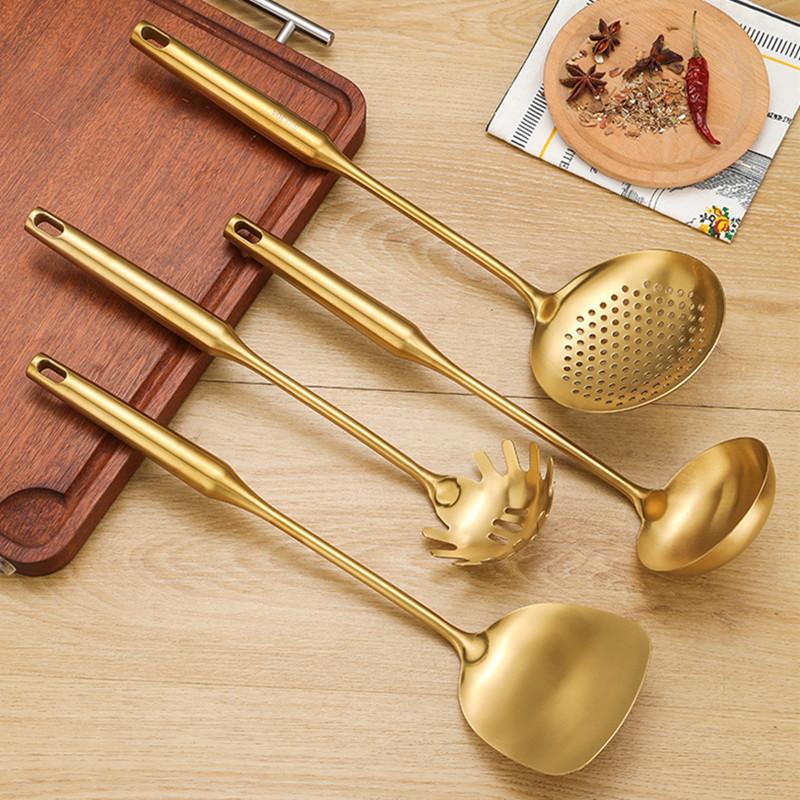1Pc Golden Stainless Steel Long Handle Cooking Utensils Rice Spoon Soup Ladle Pancake Spatula Colander Gadgets for Kitchen