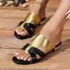 Women's Open Toe Chunky Heel Sandals, Stylish Casual Summer Slides, Metallic Gold Silver Plus Size Shoes