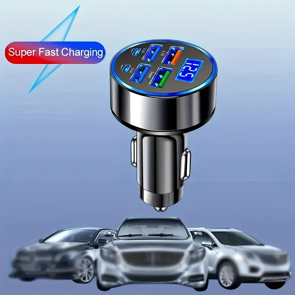 Автомобильное зарядное устройство 66 Вт с цифровым дисплеем, 4 USB-портами и быстрой зарядкой PD