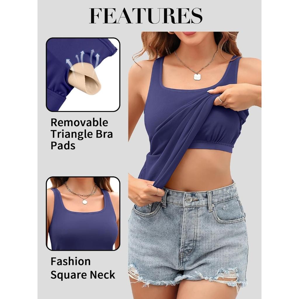 CHARMLEAKS Женская длинная майка с бюстгальтером с квадратным вырезом и широкими бретелями, летние хлопковые майки