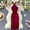 Elegant Solid Women's Dresses Knitted  V Neck Backless Elastic Dresses for Women  Slim Bodycon Dress Outfits