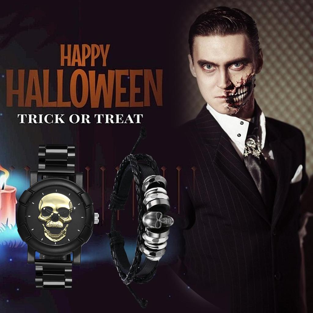 Skeleton Watch Bracelet Set of Rock Punk Leather Strap Stainless Steel Watch Waterproof Analog Quartz Skull Gothic Accessory Birthday Christmas Day