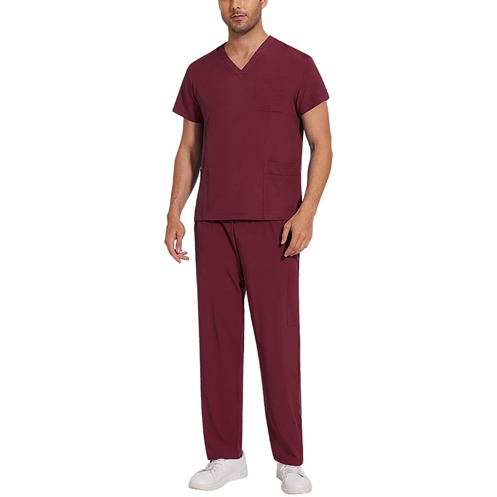 Soild Scrub Working Uniform Suit For Men's Cross V-Neck Short Sleeve Fun T-Shirts Workwear Tee With Pockets