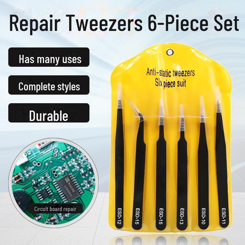 Набор из 6 прецизионных металлических пинцетов: Безопасный для электростатического разряда, острый, изогнутый, подходит для ремонта мобильных устройств, выщипывания волос, пересадки ресниц и бровей, с сумкой для переноски.