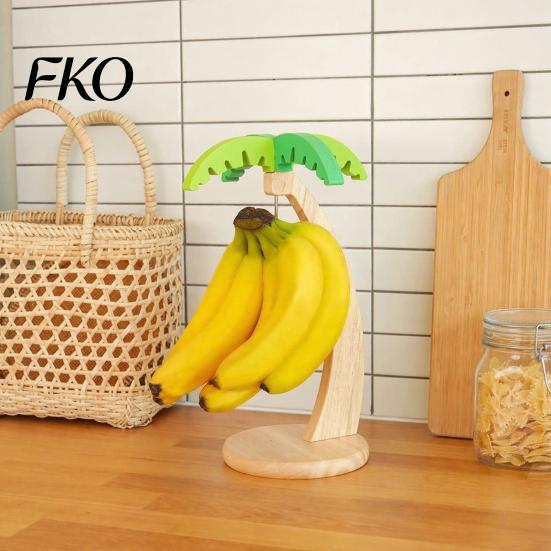 Solid Wood Banana Rack Wooden Hanger, Coconut Tree Shape, with Metal Hook, Tropical Fruit Holder Theme Stable Base Rack, for Kitchen Countertop