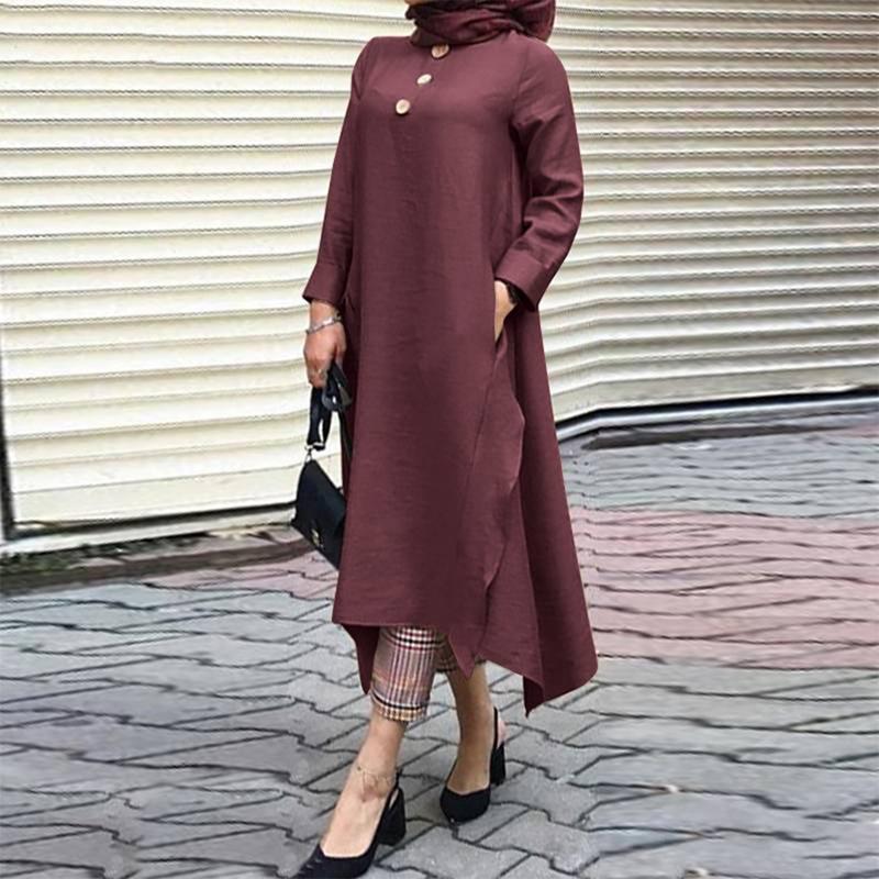 Womens Muslim Dress Islamic Clothing Long Sleeve Round Collar Solid Color Maxi Dresses Plus Size S-5XL