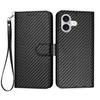 For iPhone 17 Wallet Case with Strap Carbon Fiber Texture Leather Mobile Cover