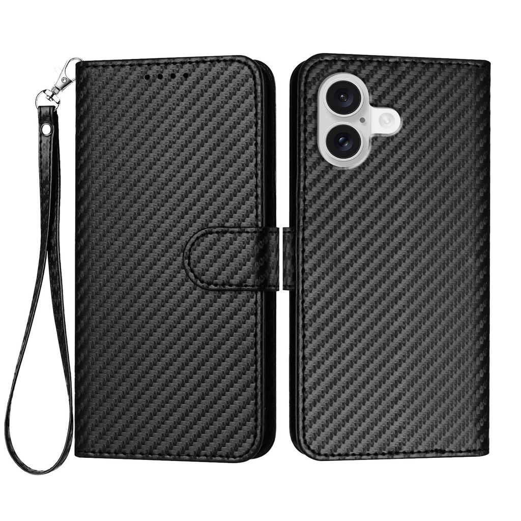 For iPhone 17 Wallet Case with Strap Carbon Fiber Texture Leather Mobile Cover