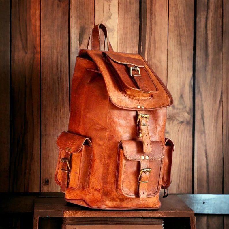 Men's Brown Real New Rucksack Backpack Bag Vintage Genuine Goat Leather