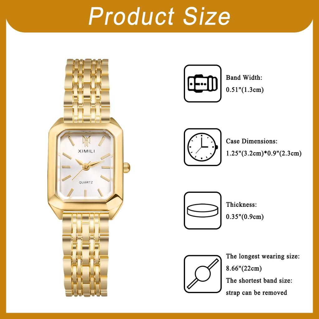 Square Bar Stainless Reverse Rotation Birthday Gold Women's Wristwatch, Waterproof, Dial Index, Simple, Quartz, Steel, Adjustable, Prevention,