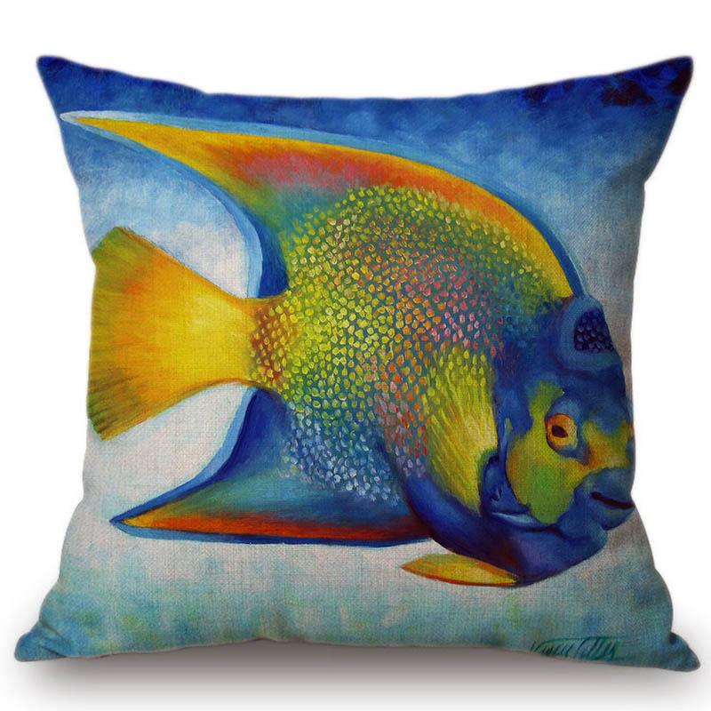 Summer Home Decoration Oil Painting Tropical Ocean Fish Sofa Throw Pillow Cover Nemo Fish Cotton Linen Cushion Cover Cases