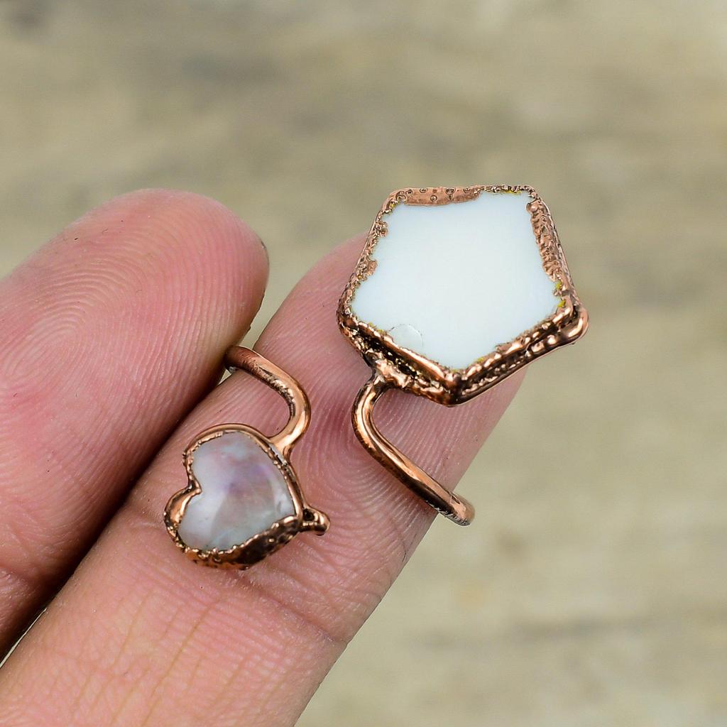 Перламутровое кольцо Кольцо с радужным лунным камнем Медные регулируемые кольца из гальванопластики Драгоценный камень Ювелирные изделия из гальванопластики Кольцо ручной работы Подарки для нее