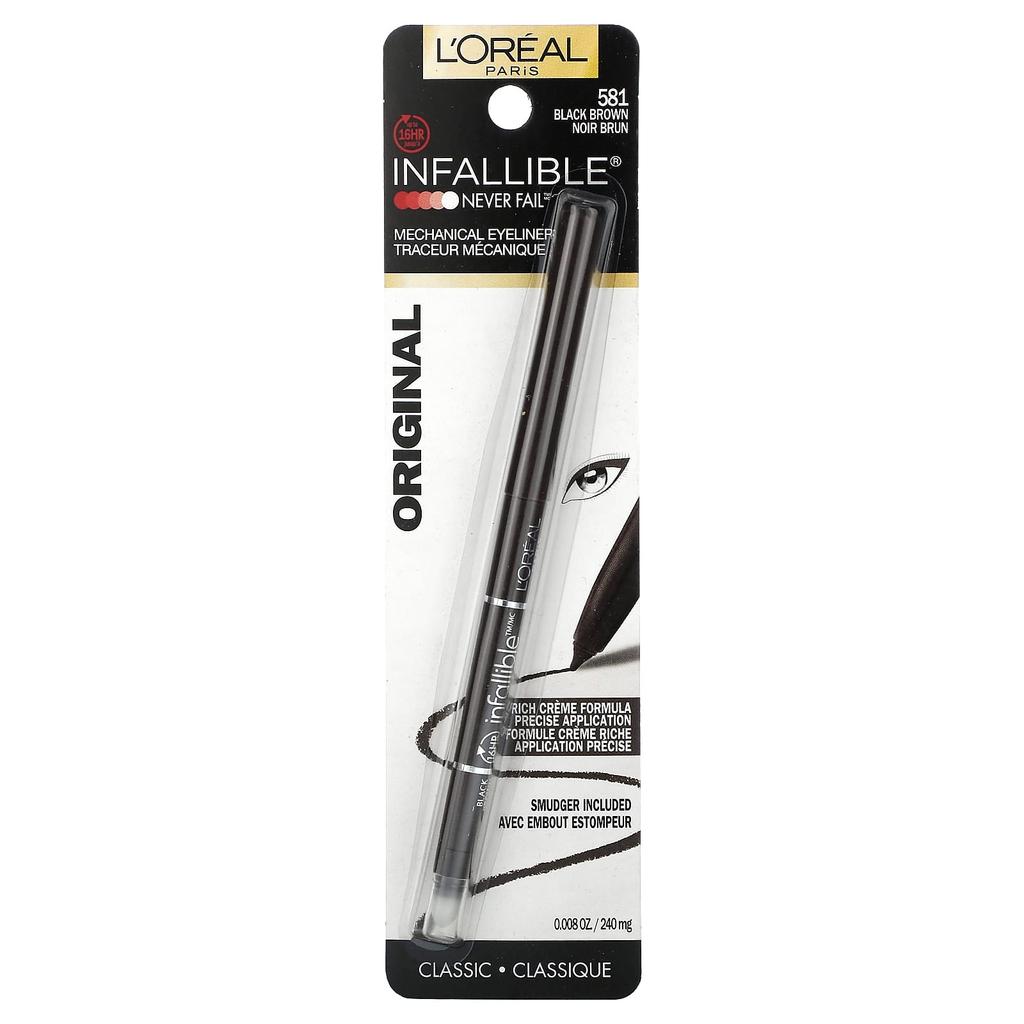 L'Oréal, Infallable, Never Fail™, Механический карандаш для век, Оригинальный, 581 Черно-коричневый, 240 мг (0.008 унции)