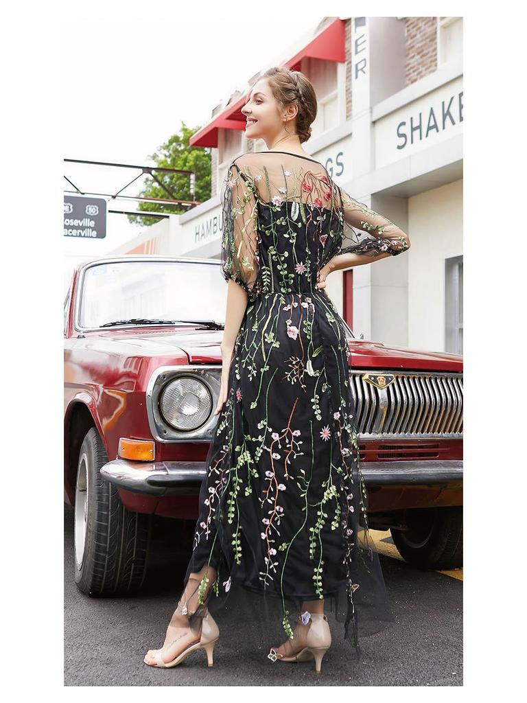 Вечернее платье большого размера в стиле Хепберн: Женское сетчатое платье с вышивкой для банкетной вечеринки