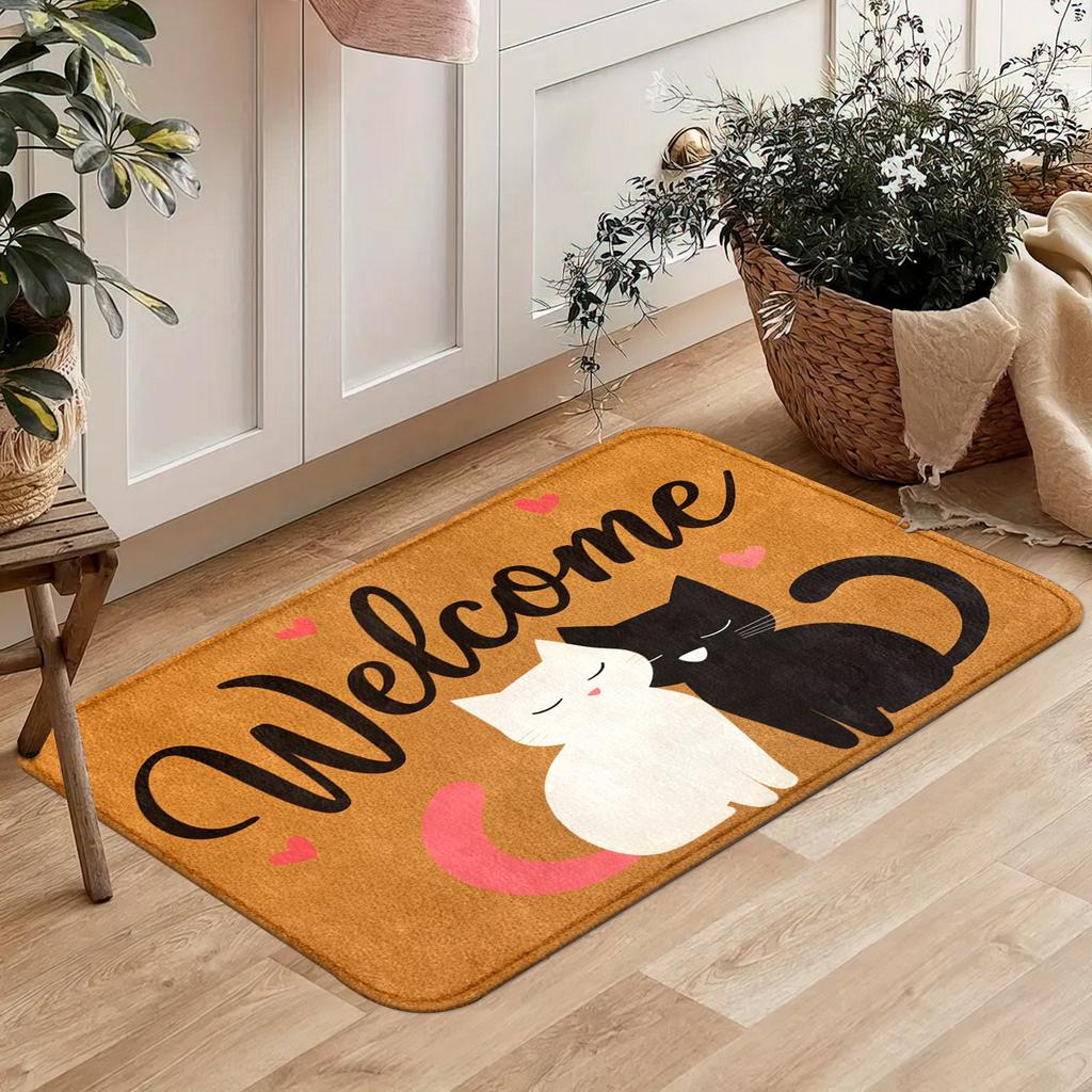 Flannel Black and White Cat Welcome Floor Mat, Non-slip Absorbent Foot Mat At The Entrance, Household Entrance Carpet