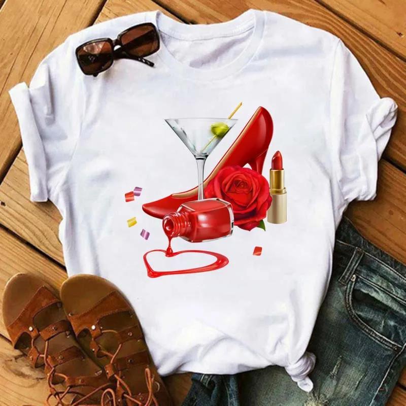 Funny Wine Glass Print T-Shirt Women's Round Neck Short Sleeve T-Shirt Casual Women's Camisole Fashion